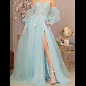 Glitter Puff Sleeve Slit Gown by GLS Gloria GL3118